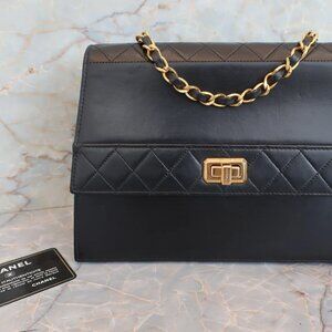 Authentic CHANEL 2.55 Trapezoid vintage black lambskin shoulder bag circa 1989